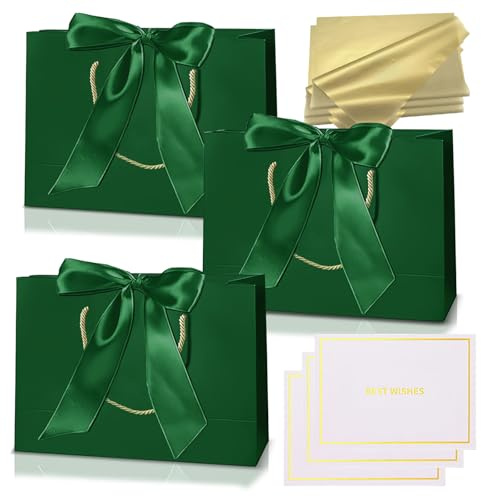 3 piezas Bolsas Regalo Verde Oscuro,Bolsa de Papel Cumpleaños Medianas con Asa,3 Lazo 3 Tarjeta Felicitación y 6 Pañuelos,Embalaje de Regalo para Cumpleaños,Fiestas,Bodas,Baby Showers,Celebración