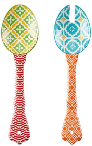 Metahom Ceramic Salad Servers, 9 Salad Spoon and Fork Set, Salad Tongs for Mixing, Tossing, Cooking and Stirring, Dishwasher & Microwave Safe, Set of 2, Orange & Red