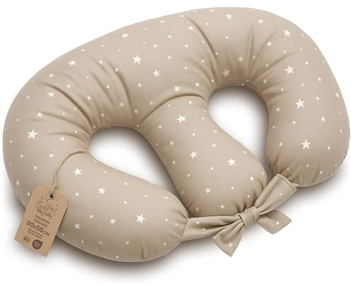 Cojín lactancia gemelar Nursing Breastfeeding - 90x50 cm - Almohada de lactancia para bebé multifuncional para gemelos Chest pillow Pecho posicionamiento Oeko-Tex Beige con estrellas blancas
