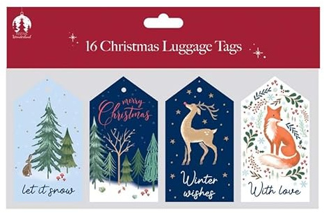 Tallon 16 Festive Gift Tags for Presents – Assorted Seasonal Contemp Woodland Designs with Trees and Forest Animals – Decorative Christmas Wrapping Accessories