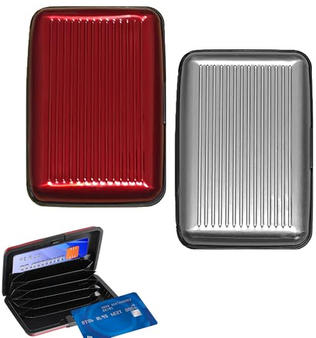 2PCS RFID Blocking Credit Card Holder, Card Protector, Aluminium Alloy, Business Card Case for Women or Men, Metal ID Organiser Wallet with 6 Slots, Compact and Convenient, Travel Wallet(Red, Silver)