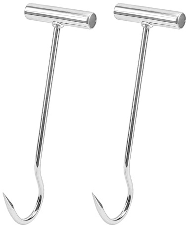 TWZKXC 12 Inch T-Handle Meat Boning Hook, 2 Pack T Meat Hooks, T Handle Meat Boning Hook, Curved T Shaped Hooks for Kitchen Butcher Shop Restaurant BBQ Tool, Silvery, High Strength
