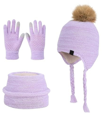 Generisch Ensemble bonnet et écharpe pour enfants et filles - Bonnet tricoté coupe-vent - Écharpe tubulaire - Gants d'hiver chauds - Bonnet d'hiver avec cache-oreilles - Mignon bonnet à pompon