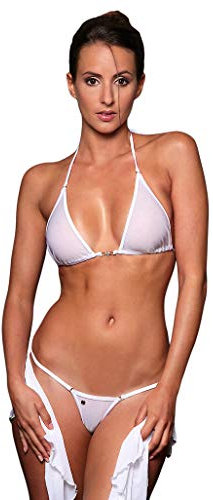 my sexy bikini - Micro String Bikini durchsichtig in Tulle - Tahiti - DREI Teilen : (Mini und Micro String + top) Weiß (Unter: 38/40 | BH: 2)