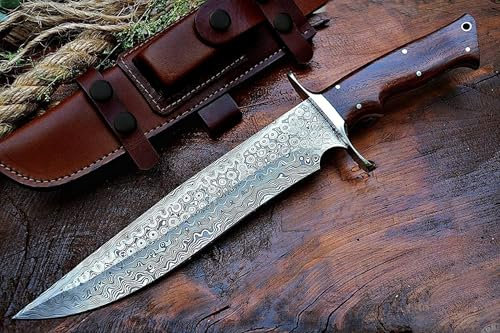 BIGCAT ROAR Patriot - Grand Couteau de Chasse Full-Tang Acier Damas 35,6 cm - Manche Bois de Noyer et Étui Cuir - Bushcraft, Survie, Outdoor - Idée Cadeau Homme, Chasseur, Collectionneur ou Aventurier