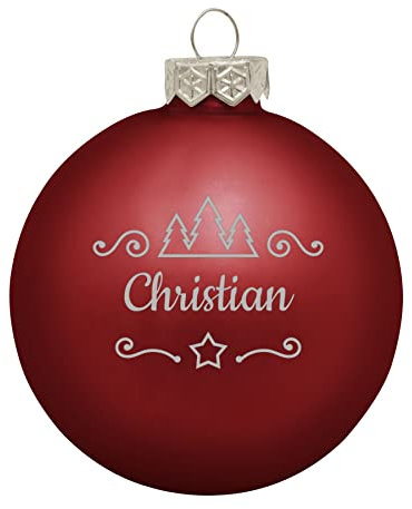 Deitert Weihnachtskugel mit Namen oder Wunschtext graviert, Ø 8cm, personalisierte Christbaumkugel aus Glas (matt), individueller Weihnachtsbaumschmuck mit Gravur, Tannen-Motiv, Rot