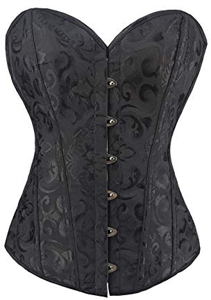 RHISLEO Women Classic Lace-up Floral Burlesque Basque Bustier Shaper Overbust Boned Corset Top (Black Floral Top, 12)