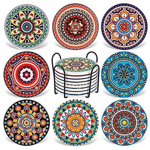 Coasters for Drinks,AODINI Set of 8 Absorbent Stone Coasters for Wooden Table, Mandala Ceramic with Cork Base, Gift for Housewarming Birthday and Family - Great Home and Dining Room Decor