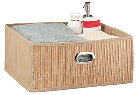 Relaxdays 3 Cestos Almacenaje Bambú, Cesta Cuadrada Tela Baño, Caja Estante, 14 x 31 x 31 cm, Plegable, Marrón Natural