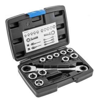 Högert Technik -Werkzeugsatz - Ratschenringschlüssel mit Steckschlüssel aus Chrom-Vanadium-Legierungsstahl gefertigt - Ringmaulschlüssel mit Ratsche und Gelenk - HT1R490