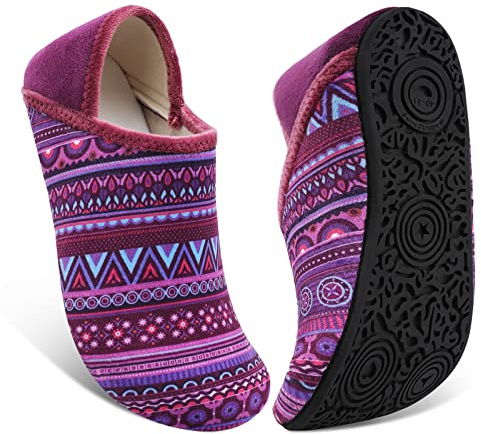 Fires Womens Mens Slippers with Rubber Sole Soft-Lightweight House Slipper Socks Around House Shoes Non Slip Indoor/Outdoor, Purpleboho, 8-9 Women/6.5-7.5 Men