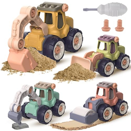 Prmape 5 Pezzi Veicoli da Cantiere Giocattolo, 4pcs Cantiere Giocattolo per Bambini+1pcs Cacciavite, 4 in 1 Ruspa Trattore Camion Escavatore Giocattolo Per Bambini per Ragazzo Ragazza