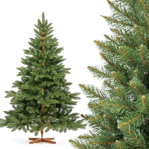 FairyTrees Weihnachtsbaum künstlich 180cm NORDMANNTANNE mit Christbaum Holzständer | TÜV Zertifiziert | TESTSIEGER Tannenbaum künstlich mit braunem Stamm | Made in EU