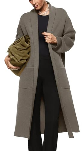 Womens Long Sleeve Maxi Cardigan Open Front Oversized Knitted Sweater Coat Casual Lapel Warm Overcoat with Pockets, Taupe, L