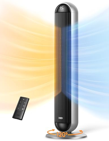 DREO Tower Fan and Heater Combo, 29.2ft/s Standing Fans for Bedroom, 17 Levels, 6 Modes, 120° Oscillation, 42 Inch, 12H Timer, 25dB Quiet, with Remote, for Office, Large Room, Silver