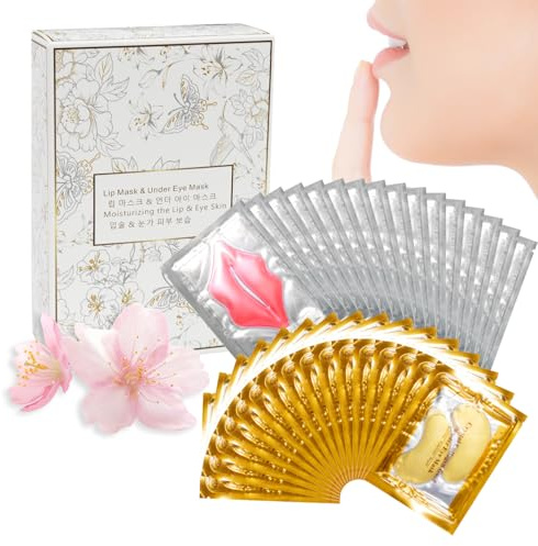 Epstur 30 Pairs Lip Masks & Eye Masks, 24K Gold Crystal Gel Collagen Eye Pads, Under Eye Patches for Puffy Eyes, Dark Circles, Bachelorette Party Favors, Bridesmaid Gifts, Wrinkles and Fine Lines