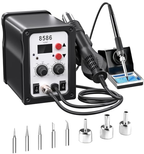 8586 Hot Air Soldering Station 700W, 2-in-1 LED Digital Desoldering Station Kit for SMD Soldering and desoldering with Adjustable Temperature(100°~480°), 5 Soldering Tips + 3 Hot Air Nozzles(UK Plug)