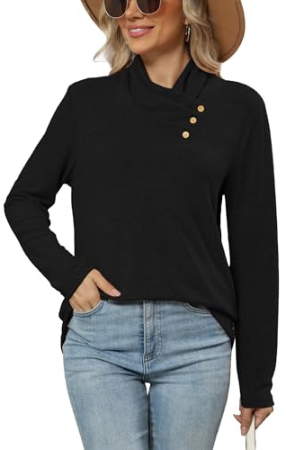 Famulily Tunika-Sweatshirts für Damen, langärmelig, Wasserfallkragen, Pullover mit Knöpfen, weich, locker geschnitten, Pullover, Hemd, Tops, Schwarz , XL