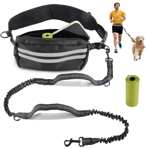 Correa para Perros Manos Libres, Correa para Correr con Riñonera Extraíble y Bolsas para Excrementos, Correa Elástica Ajustable Ideal para Correr, Hacer Senderismo, Caminar y Entrenar