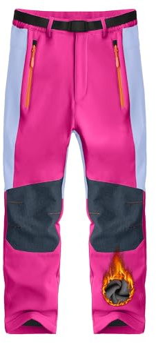 Holure Children's Softshell Fleece Athletic Pants, Waterproof Windproof & Warm Ski Pants with Zipper Pockets.Rose Red 04 8-9Y