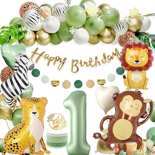 Kit de Décoration de Ballons pour 1er Anniversaire Garçon - Décoration Jungle Sauvage Complet avec Ballons Animaux, Guirlande et Éléments Safari pour Fête Thématique Inoubliable