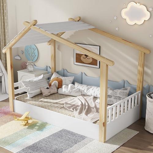 Oslghy Kinderbett 90x200 cm, Holzbetten Bodenbett mit Rausfallschutz und Lattenrost, Holzhausdesign Bett für Kinder mit Dach, Hausbett mit Zaun für Jungen & Mädchen, Weiß, Kiefernholz, ohne Matratze