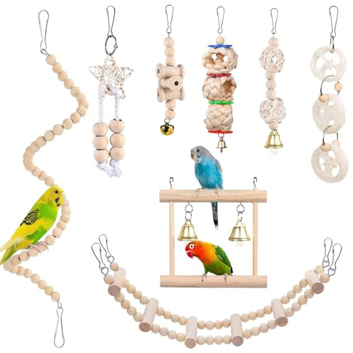 Zyiphor Lot 8 Jouets pour Oiseaux Accessoires pour Cage Balançoire, Échelle en Bois, Cloches, Jouets à Mâcher et Jeux pour Perruches, Perroquets, Calopsittes