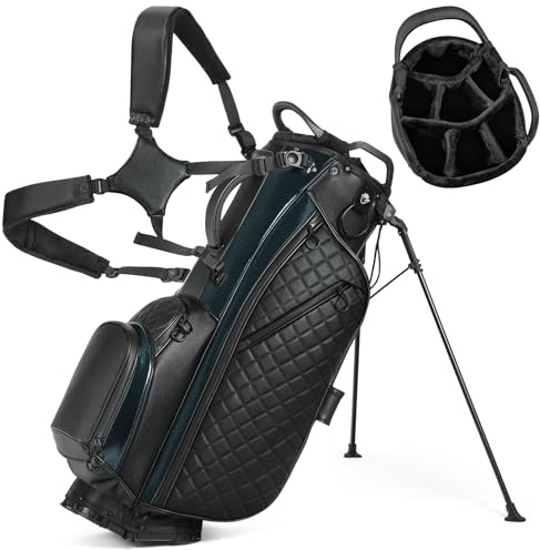 Sturdum PU Leather Golf Stand Bag for Men, 7 Way Full-Length Dividers with Velvet-Lined, Lightweight Waterproof Club Bag with Multi Pockets Cooler Pouch, Ergonomic Dual Straps for Walking and Cart