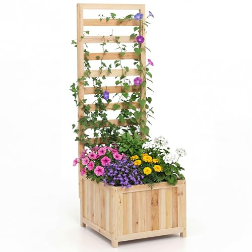 COSTWAY Letto da Giardino Rialzato in Legno con Traliccio, Fioriera Elevata con Fori di Drenaggio & Spazi per Piante Rampicanti, Viti, Fiori, Verdure, Fioriera per Interni ed Esterni (Naturale)