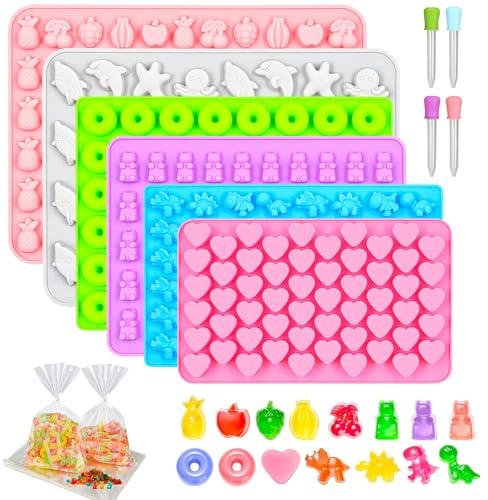 6er Set Silikon Gummibärchen Formen, BPA-frei Silikonform mit 4 Tropfern, Mini Backform Herz Donut Dino Bär Frucht Meer für Schokolade Gummibärchen Gelee Bonbons
