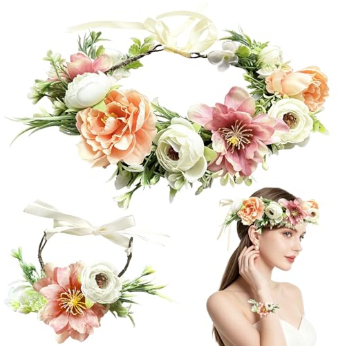 TZEKING Blomgirlang och armband, blomkrans för hår med justerbart pannband, boho frisyr för flicka, flicka, vuxen och barn, för bröllop, fest, strand, festival