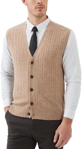 Kallspin Hombres de Lana Blend Chalecos Suéter V Cuello de Punto de Cable sin Mangas de Tejido Tricotado Botón Cardigan(Marrón Café,XXL)