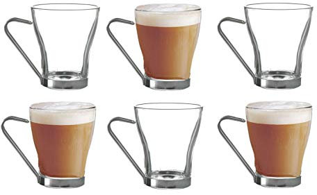 NAPOLI 6 Piece Coffee Glasses Cups With Metal Handle Set 22cl 220ml Set Of 6 Clear Glass Expresso Coffee Cappuccino Iced Tea Cups Glasses Mugs
