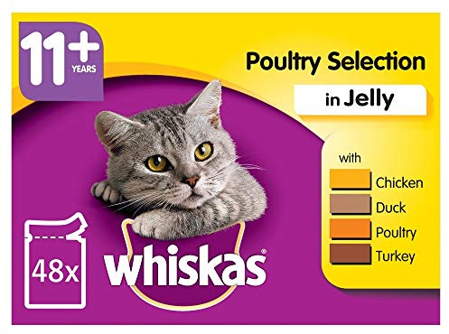 Whiskas 11+ Cat Pouches Poultry Selection in Jelly 12 x 100g (Pack of 4, Total 48 Pouches)