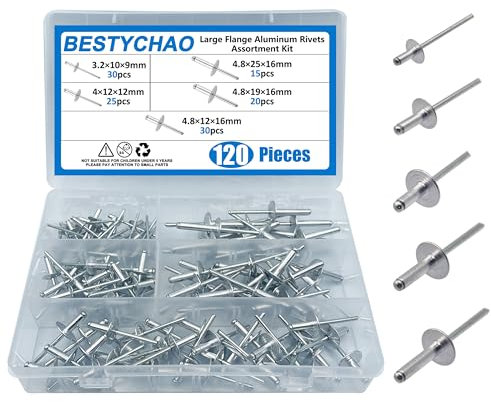 BESTYCHAO Pop Rivets, 120pcs 5 Sizes Large Flange Aluminum Blind Rivets Assortment Kit(Silver)