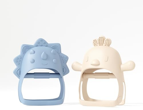 Baby Teether Pack of 2 Wearable Teether Toy Hand Teether - Little Chick and Mini Dino - Blue Baby Toy and Beige Baby Toys by Muqee Peeko Silicone Baby Teether