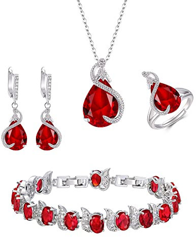 EVER FAITH 4 Stück Tropfen Cubic Zirconia Schmuck Set Glamour Anhänger Halskette Ohrringe Tennis Armband und Offener Ring für Damen Hochzeit Party Rot Silber-Ton