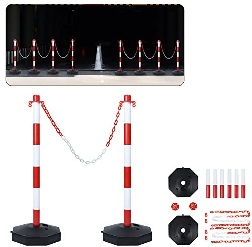XMTECH Absperrpfosten Absperrkette Kettenpfosten 2 Stück Sperrpfosten + 2x 1,4M Ketten, Kunststoff Parkpfosten Poller Absperrung mit Standfuß, Rot & Weiß