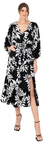 Lovedrobe Dam midi-klänning damer V-ringad lång ballong ärm falsk wrap lår delad skjorta midja tofsbälte A-linje smart casual monokrom 14, Svartvit, 40 SE