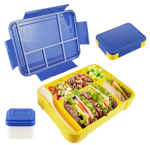 Ortviai Bento Box Kids, 1330ML Fiambrera con Compartimentos para Niños, Azul Amarillo Hermética, para Colegio y Guardería