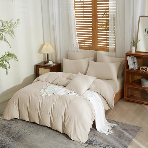 YASMENG Housse de Couette Demi-Lin 140x200 Beige Parure de Lit Mélangé Doux Respirant Douillet Coton Lin Linge de Lit 1 Personne avec Fermeture Éclair et Taie d'oreiller 65x65 cm