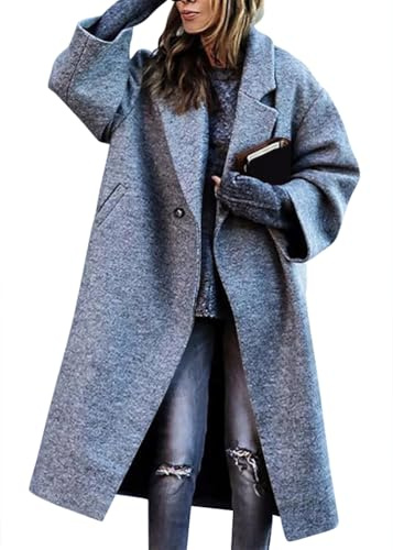 shownicer Femme Manteaux en Laine Chic Manches Longues Trench Coat Chaud Mi-Long Manteau Blazer Long Jacket Manteau Couleur Unie Automne Hiver Blouson A Gris S
