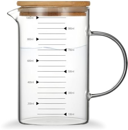 GOEDCH Jarra Medidora Cristal: 1000 ml Taza Medidora Transparente con Tapa de Madera, Vaso Medidor Batidora, Pared Gruesa Mediciones Claras para Zumo, Leche y Repostería, Vidrio Borosilicato