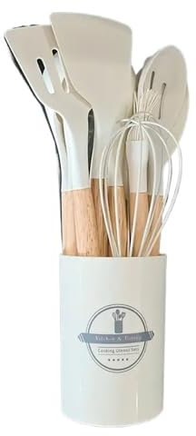 Juego de 12 utensilios de cocina de silicona con mango de madera, sartenes de colores antiadherentes, resistentes al calor (12 piezas, blanco)