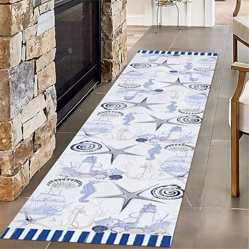 SMXVRC Seestern Muschel Flurteppich, 60x240cm, Küstenlandschaft Nautisches Thema Großer Teppich, Anker Leuchtturm Nautische Dünn Haustierfreundlich Dekoration Bodenmatte für Esszimmer
