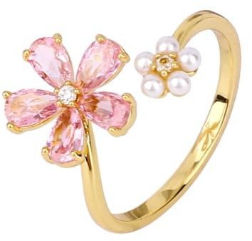 Mikovivi Oro Anello a Fiore Delicato per Donna, Anello Aperto Regolabile Zirconi Cubici Brillanti Margherita Rosa Elegante Anellos Perla Fidanzamento Promessa Fascia Avvolgente Dito Gioiello Statement