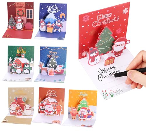 8 Pièces Cartes de noël 3D, pop-up Carte de Vœux Noel avec Enveloppes | Voeux Noel Carte Cadeau Voeux pour Enfants Amis Famille