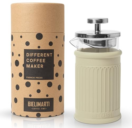 BIELIMARTI Cafetera Prensa Francesa, 350 ml, Vidrio Borosilicato, Funda de Silicona Térmica,french press,cafetera de embolo, espumador leche,tetera (amarillo pastel)