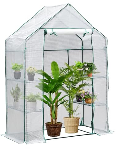 Peviasot Invernadero, 143 x 73 x 195 cm, para plantas, invernadero con lámina de rejilla, bancal alto con cubierta, invernadero de balcón, para jardín para cría, color blanco