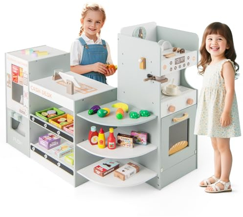 Maxmass Kids Grocery Store, Pretend Play Shop with Vending Machine, Checkout Counter, Cash Register, 32PCS Accessories, Children Role Play Supermarket Playset for 3+ Years Old (Green)